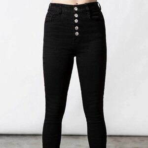 Ravens Cross black skinny jeans from Killstar LARGE buttons with cross pattern